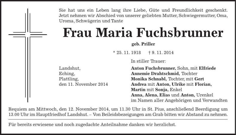 Traueranzeige Maria Fuchsbrunner