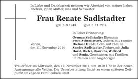 Traueranzeige Renate Sadlstadter