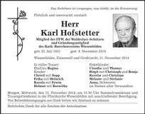 Traueranzeige Karl Hofstetter