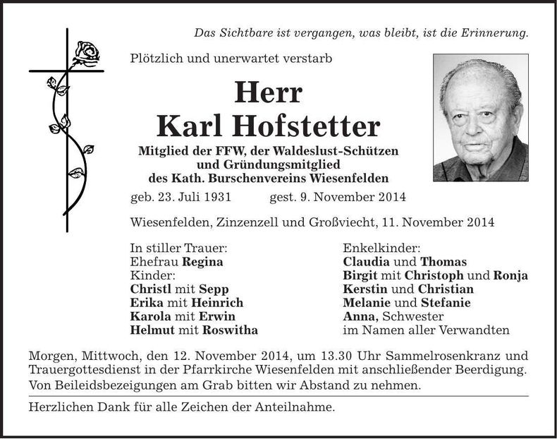Traueranzeige Karl Hofstetter