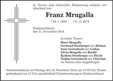 Traueranzeige Franz Mrugalla