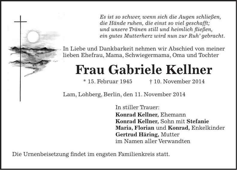 Traueranzeige Gabriele Kellner
