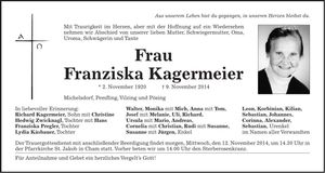 Traueranzeige Franziska Kagermeier