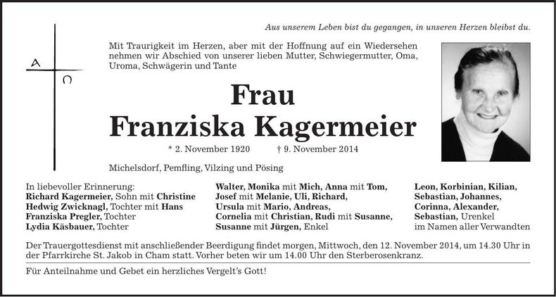 Traueranzeige Franziska Kagermeier