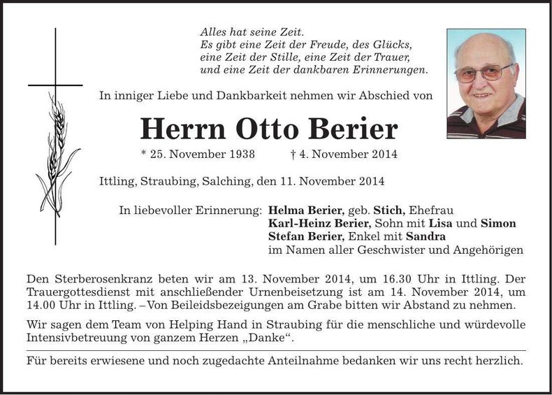 Traueranzeige Otto Berier