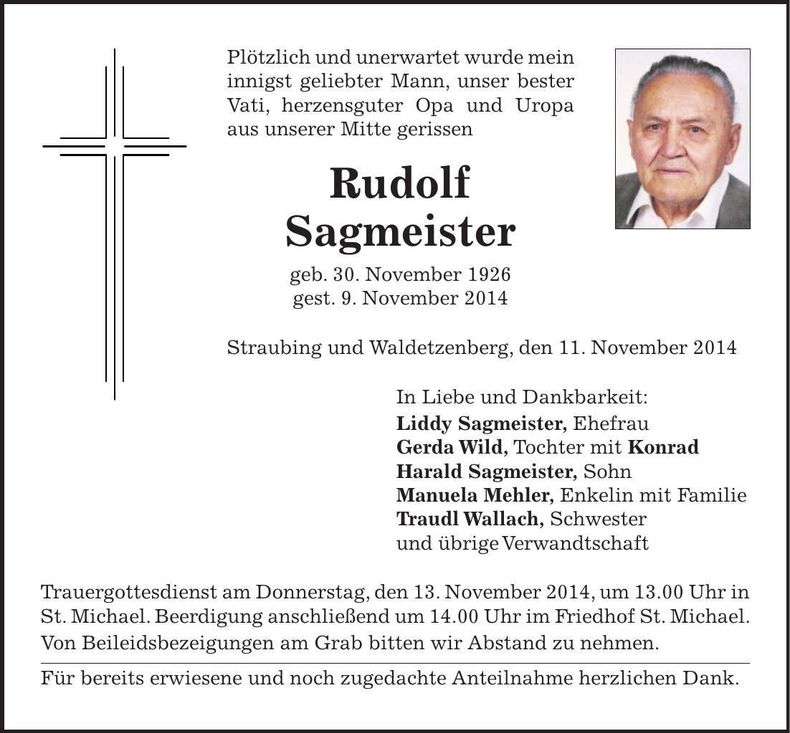 Traueranzeige Rudolf Sagmeister
