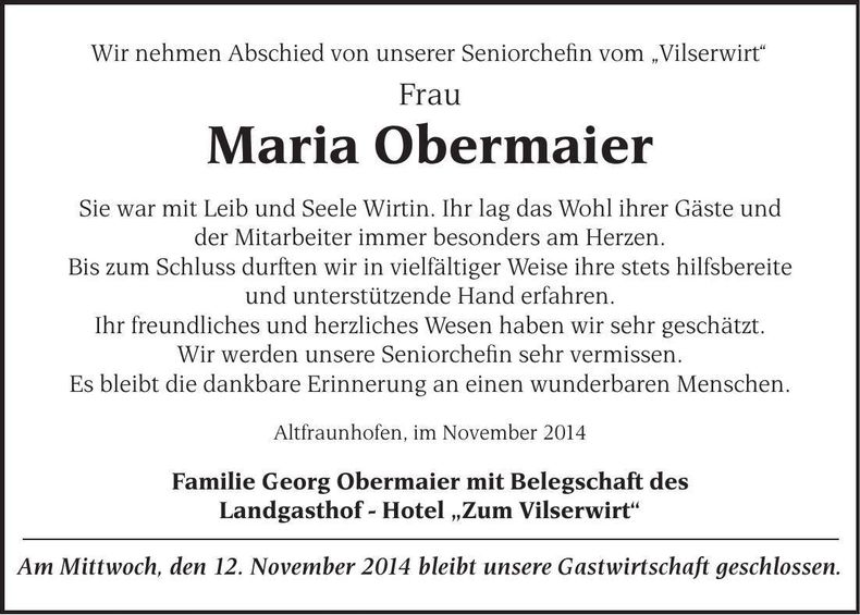 Traueranzeige Maria Obermaier