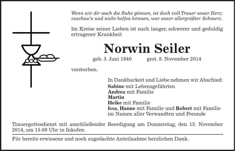 Traueranzeige Norwin Seiler