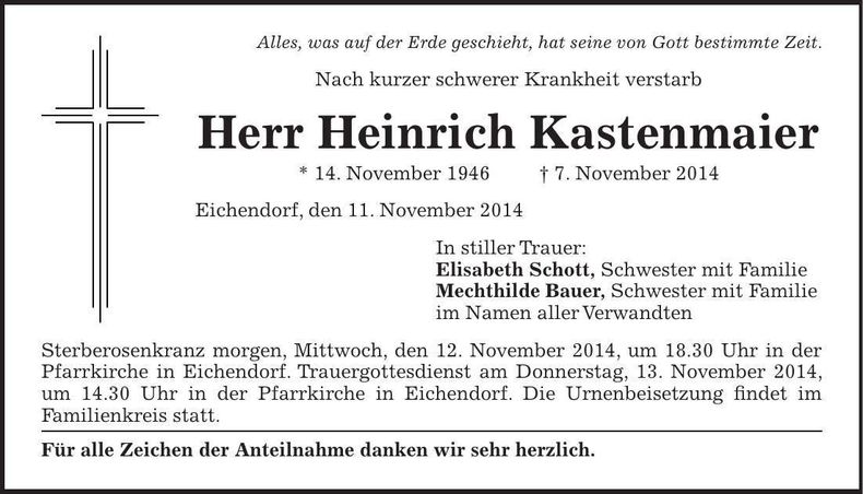Traueranzeige Heinrich Kastenmaier