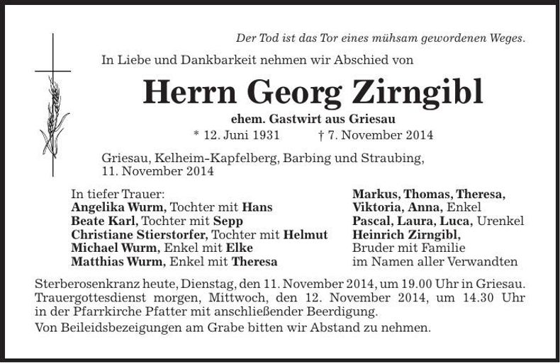 Traueranzeige Georg Zirngibl