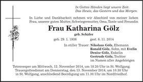 Traueranzeige Katharina Gölz