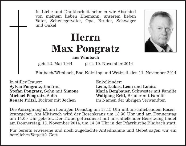 Traueranzeige Max Pongratz