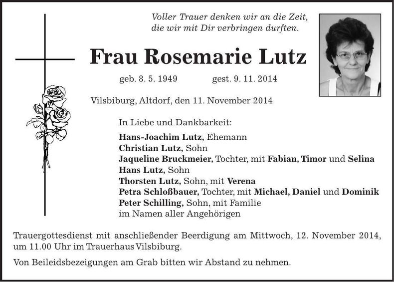 Traueranzeige Rosemarie Lutz