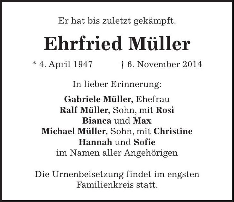 Traueranzeige Ehrfried Müller