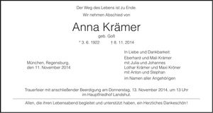 Traueranzeige Anna Krämer