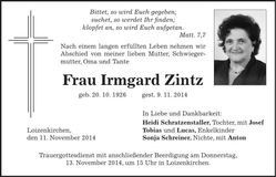 Traueranzeige Urngard Zintz