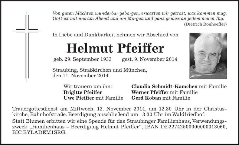 Traueranzeige Helmut Pfeiffer