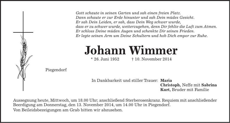 Traueranzeige Johann Wimmer