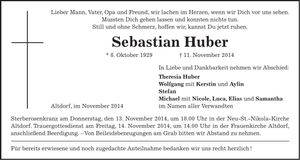 Traueranzeige Sebastian Huber