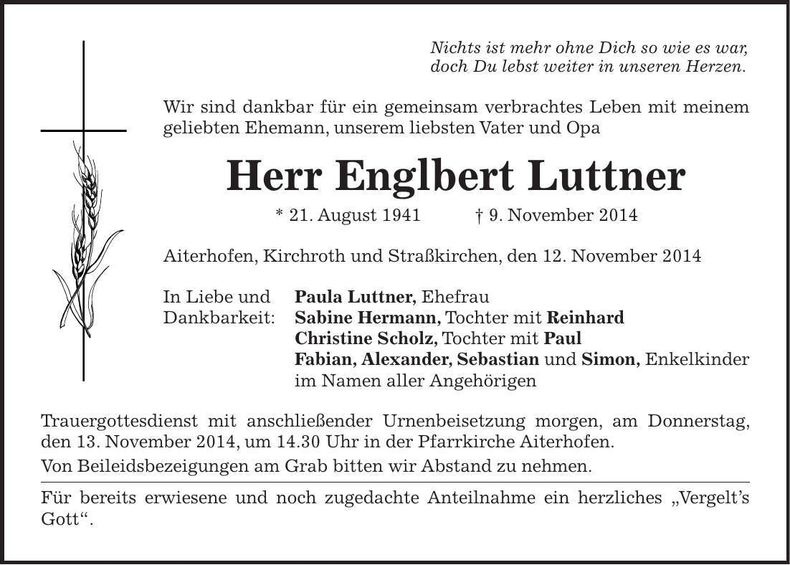 Traueranzeige Englbert Luttner