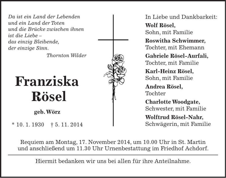 Traueranzeige Franziska Rösel