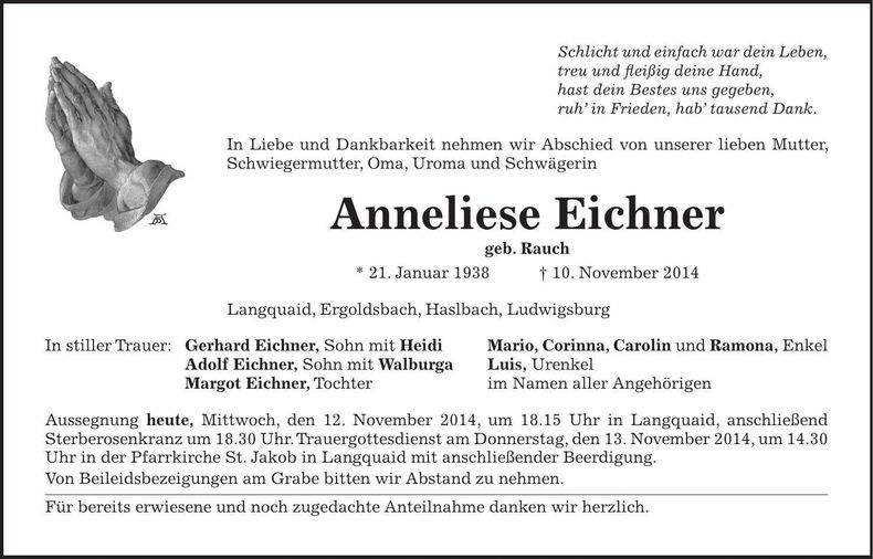 Traueranzeige Anneliese Eichner