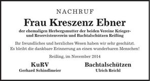 Traueranzeige Kreszenz Ebner