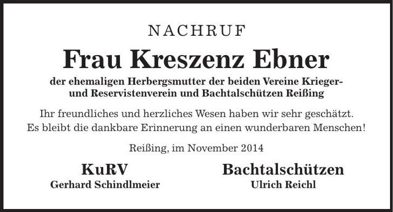 Traueranzeige Kreszenz Ebner
