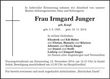 Traueranzeige Irmard Junger
