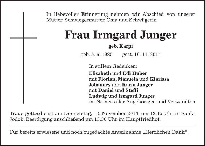 Traueranzeige Irmard Junger