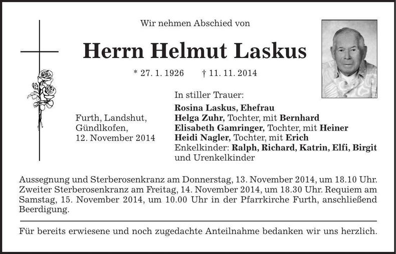 Traueranzeige Helmut Laskus