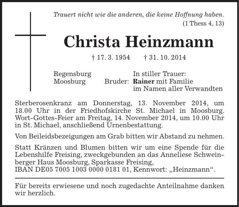 Traueranzeige Christa Heinzmann