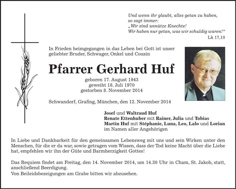 Traueranzeige Pfarrer Gerhard Huf