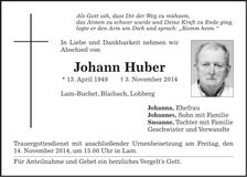 Traueranzeige Johann Huber