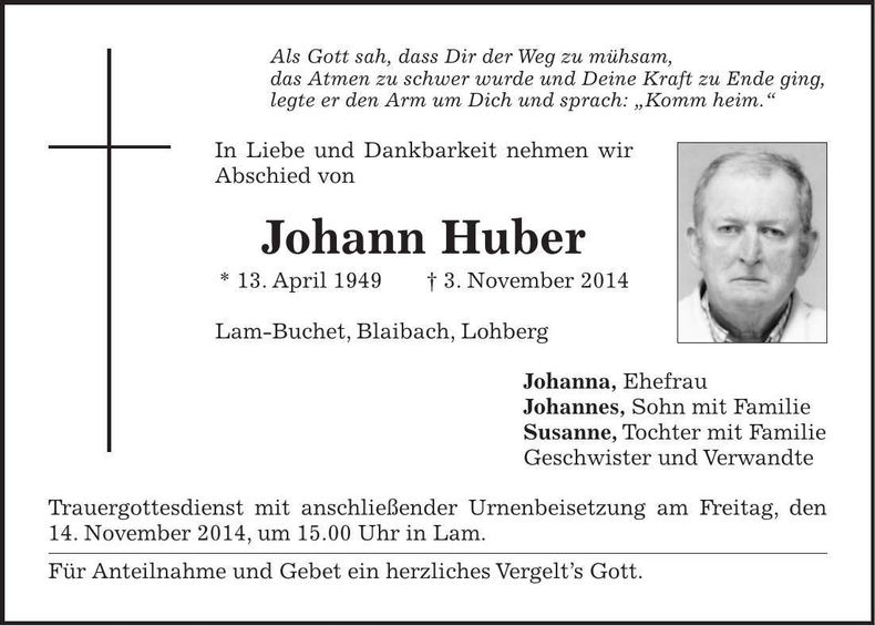 Traueranzeige Johann Huber