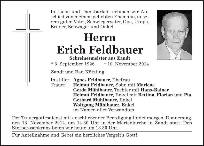 Traueranzeige Erich Feldbauer