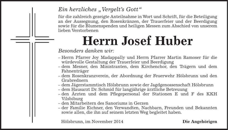 Traueranzeige Josef Huber
