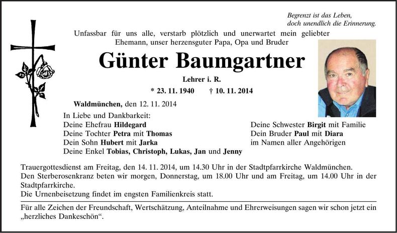 Traueranzeige Günter Baumgartner
