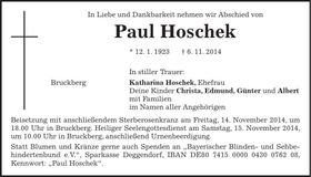 Traueranzeige Paul Hoschek