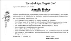 Traueranzeige Annelie Huber