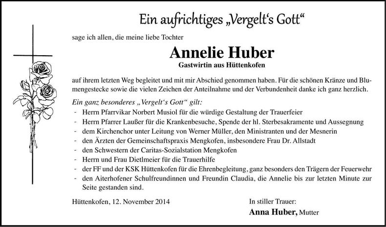 Traueranzeige Annelie Huber