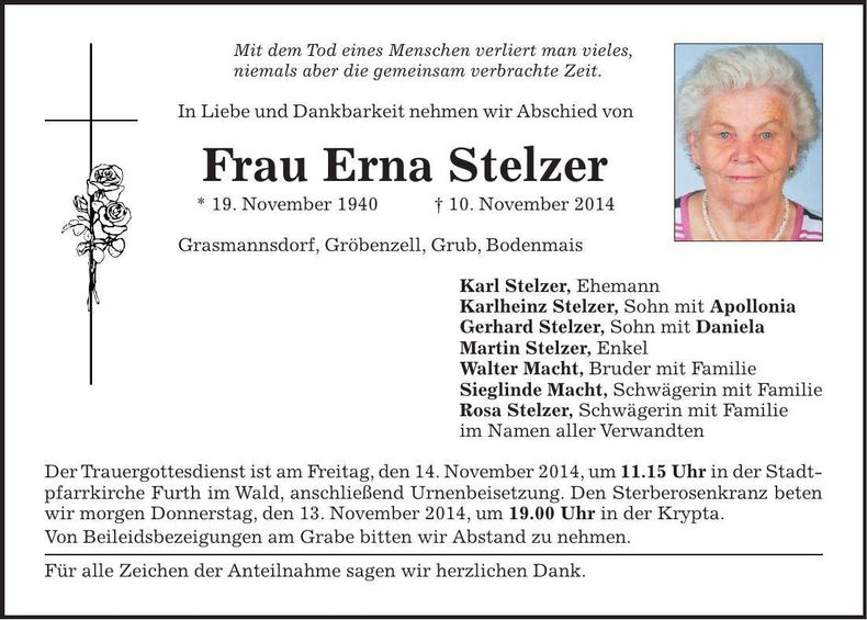 Traueranzeige Erna Stelzer