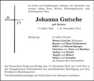 Traueranzeige Johanna Gutsche