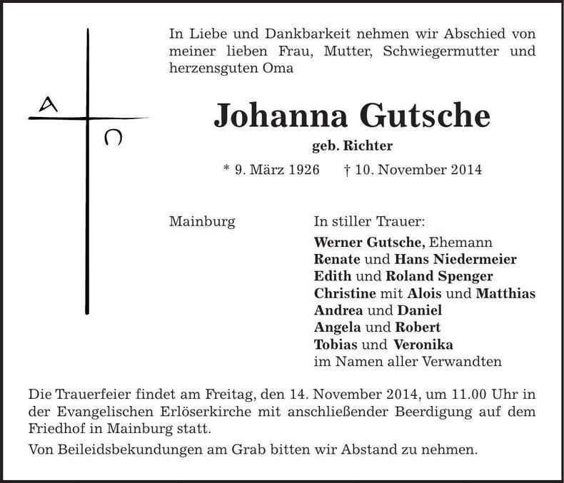 Traueranzeige Johanna Gutsche
