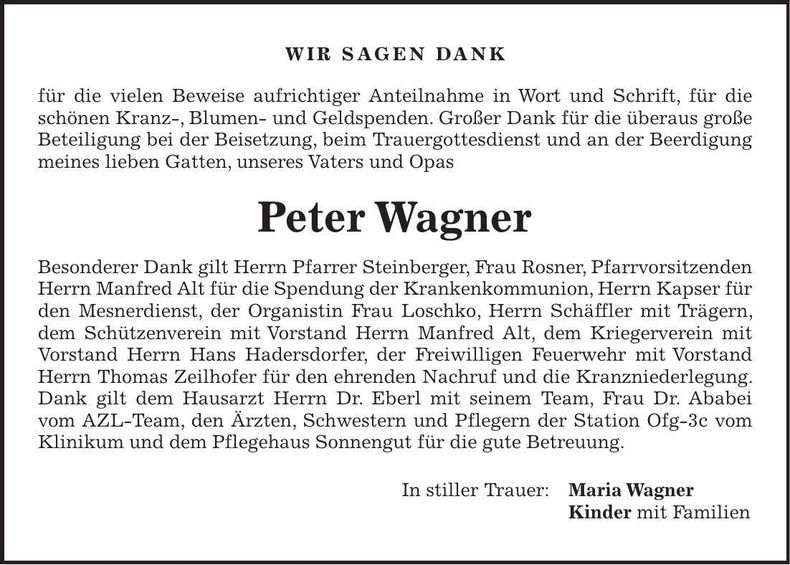 Traueranzeige Peter Wagner