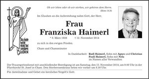Traueranzeige Franziska Haimerl