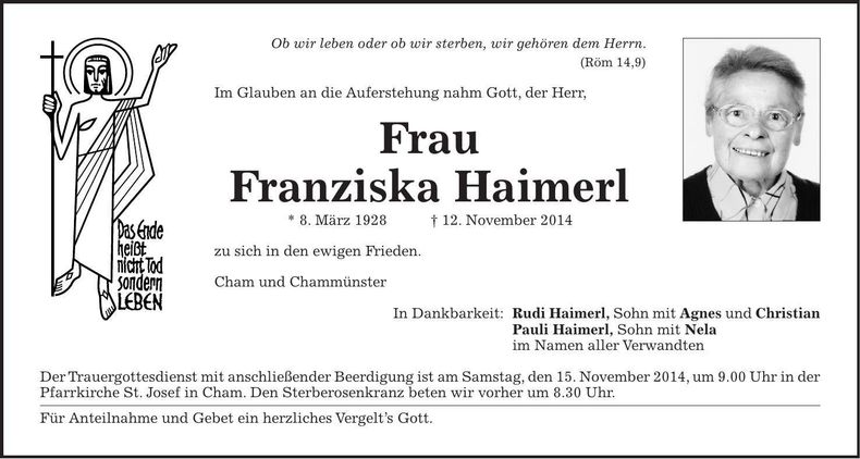 Traueranzeige Franziska Haimerl