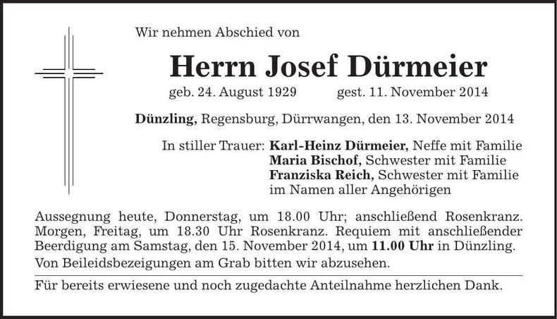 Traueranzeige Josef Dürmeier