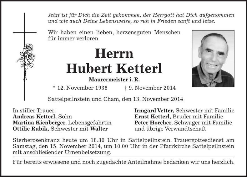 Traueranzeige Hubert Ketterl