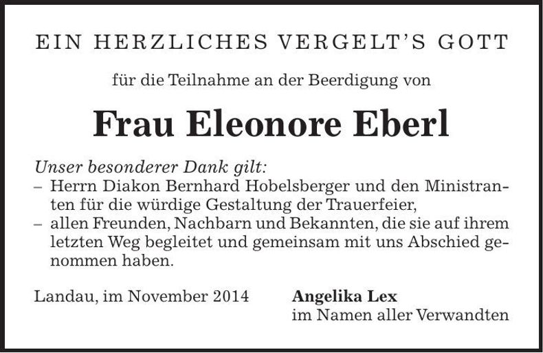 Traueranzeige Eleonore Eberl